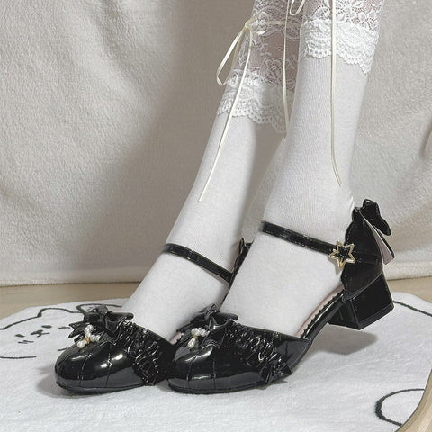 Lace pearl retro sweet simple versatile bow shoes