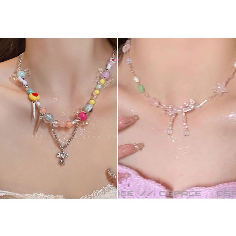 Original Pink Ribbon Bow Knot French Ballet Style Clavicle Chain Heart Necklace - Jam Garden