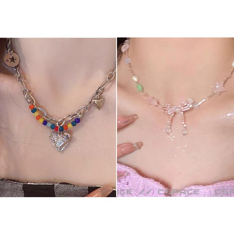 Original Pink Ribbon Bow Knot French Ballet Style Clavicle Chain Heart Necklace - Jam Garden