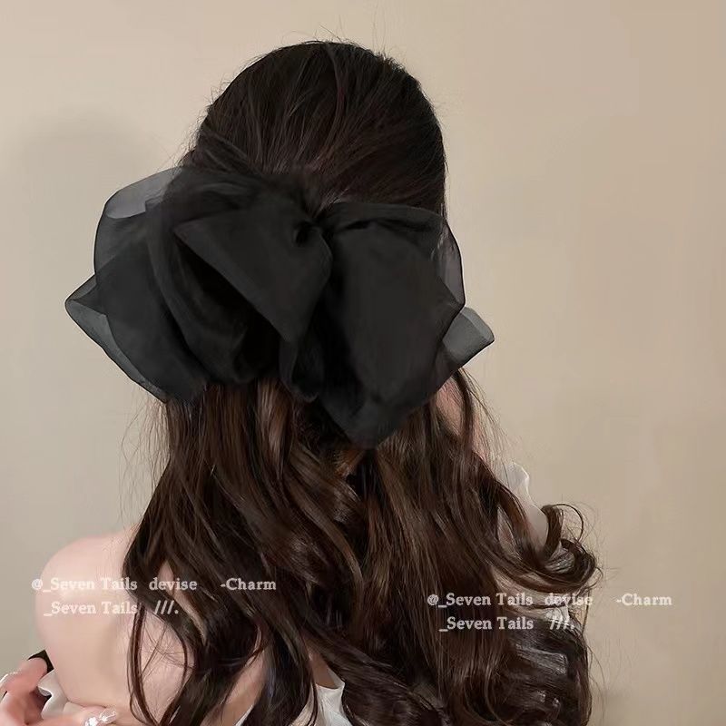 Pearl Satin Big Bow Headdress Spring Clip High-Quality Clip Black Hairpin Hair Accessories - Jam Garden