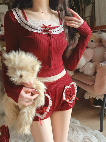 Bobon21 Candied Cherry French Sweetheart Girly Lace Knit
