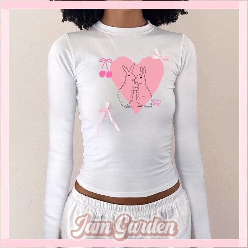 Girly Bow-stitched Double Rabbit Print Long-sleeved T-shirt