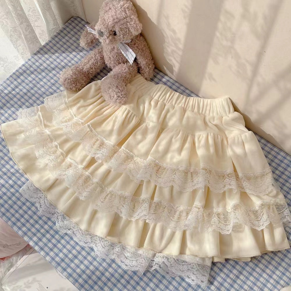Japanese Soft Girl Sweet And Cute Lace Flower Pleated Skirt