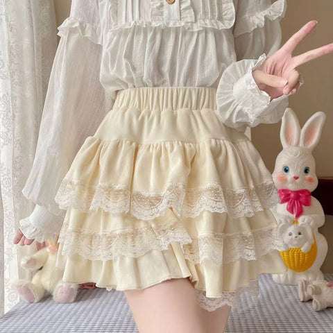 Japanese Soft Girl Sweet And Cute Lace Flower Pleated Skirt