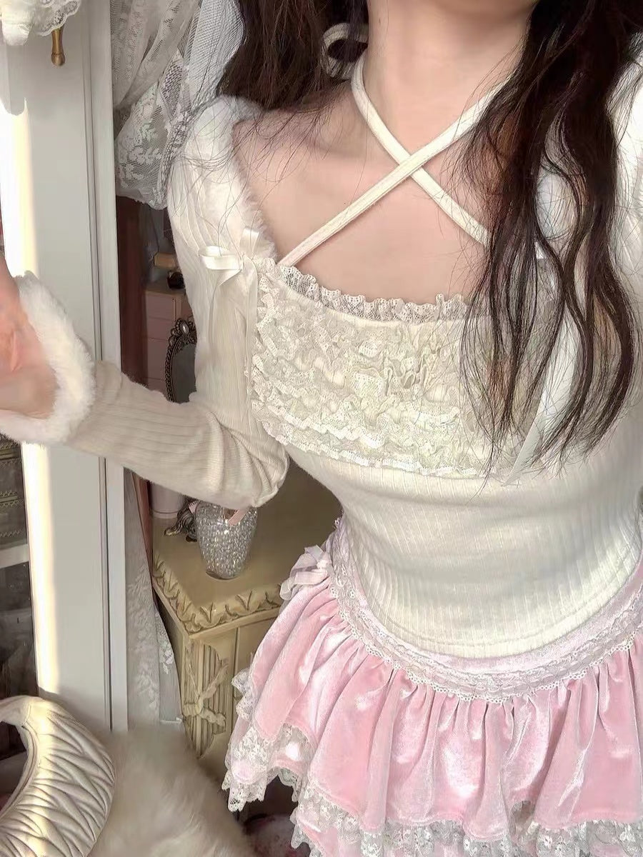 Winter Romantic Lace Lace Cake Skirt Knit Top 2 Piece Set