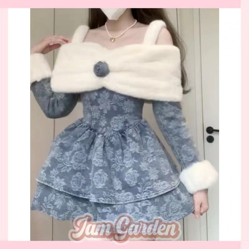 Winter New Sweet Jacquard Denim Fluffy Big Fur Collar Rose Dress