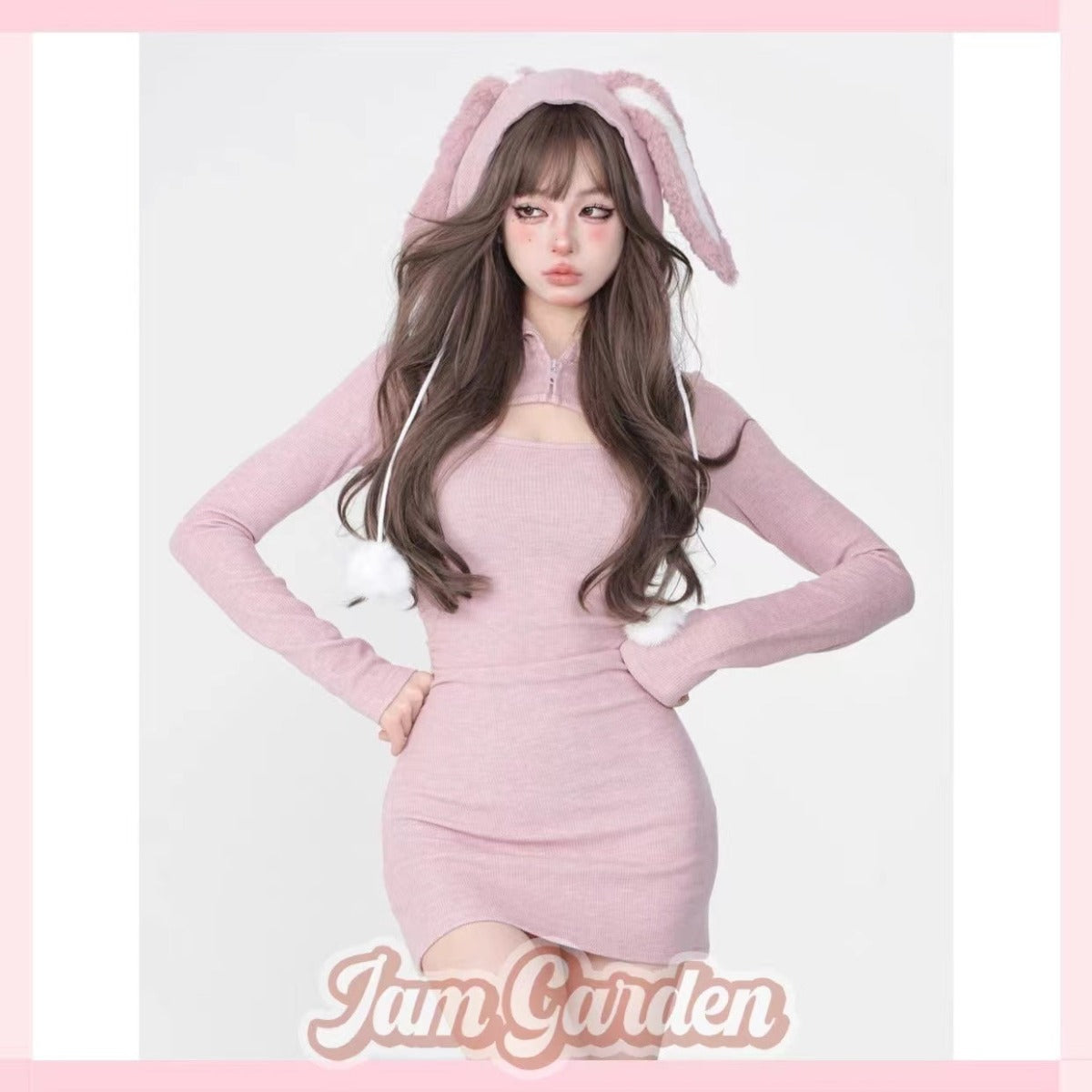 Rabbit Ears Long-sleeved Hooded Dress For Fall With Hip Coverage