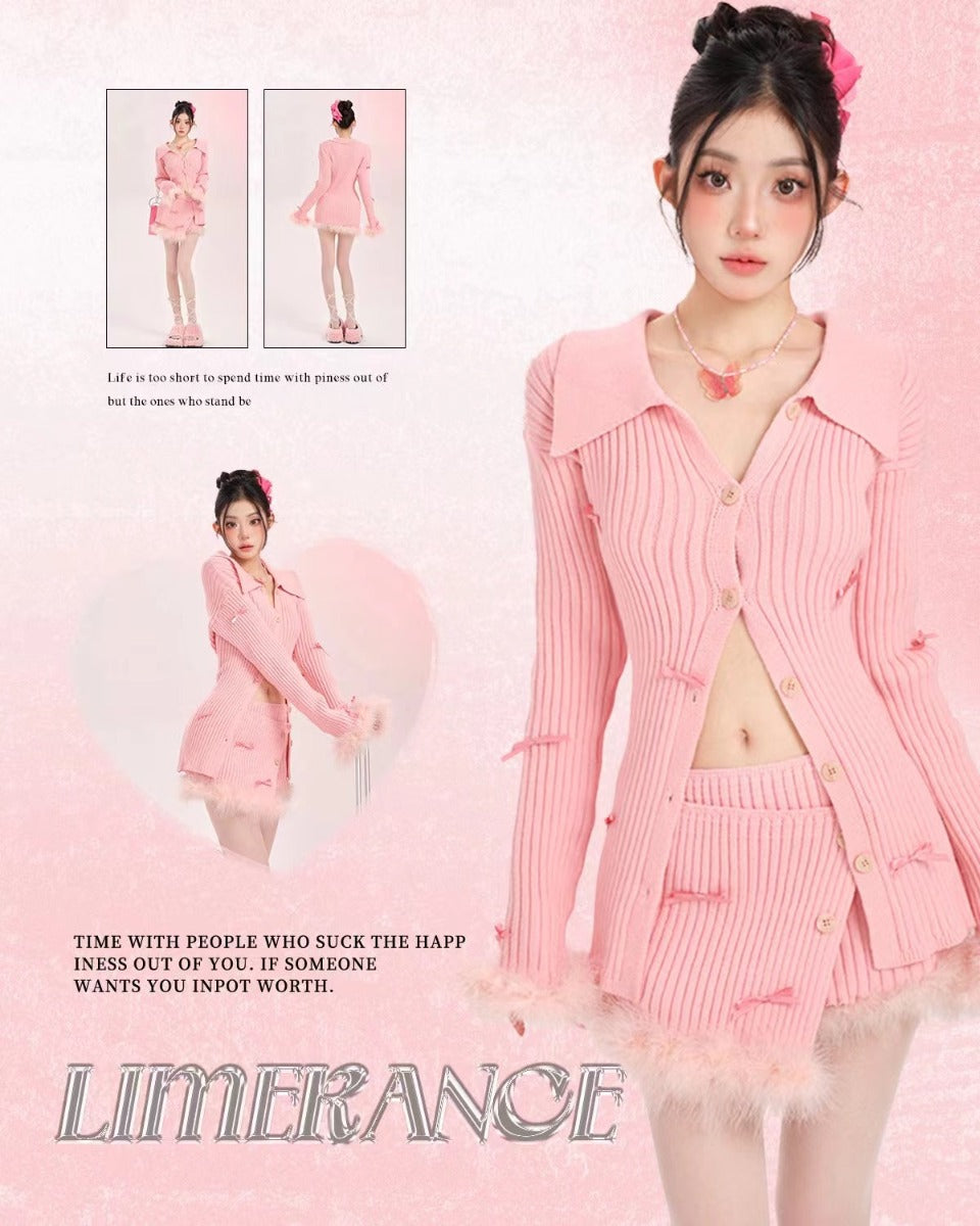 Pink Knit Fuzzy Top Skirt Set