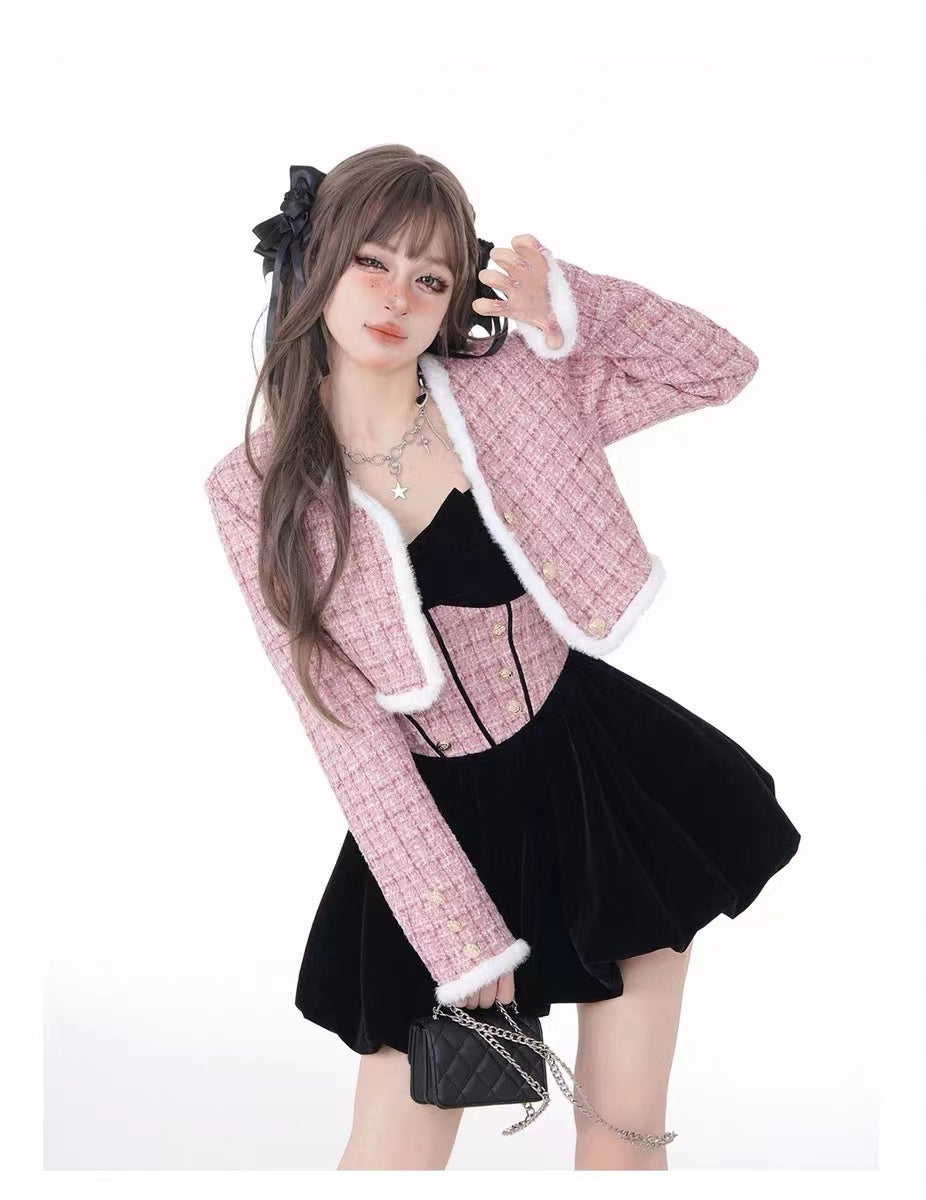 Cute Pink Halter Dress Outerwear Jacket Gown Set