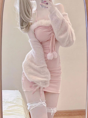 Sweet And Gentle Pink Long-Sleeved Hip-Covering Two-Piece Dress