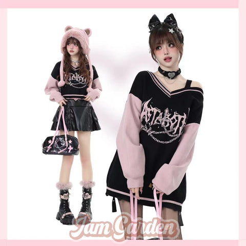 Original Y2k Sweet Cool Black Pink V-neck Autumn Sweater