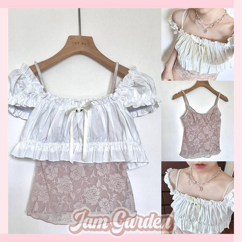 Pink lace short cardigan two-piece set American style ins style sweet slim top