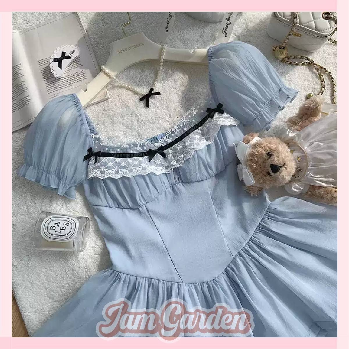 Sweet girly lace bow puff sleeve puffy dress