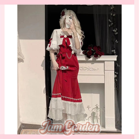 Spring and summer retro ruffled shawl cardigan waist suspender dress