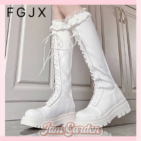 Women's super leg-lengthening lace-up white boots