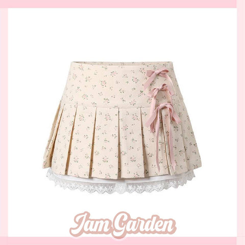 Original design lace patchwork mini bow pleated skirt