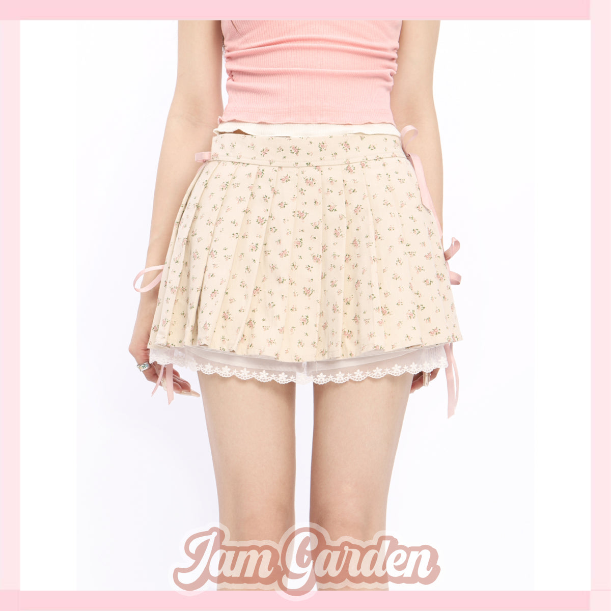 American floral patchwork lace pleated skirt