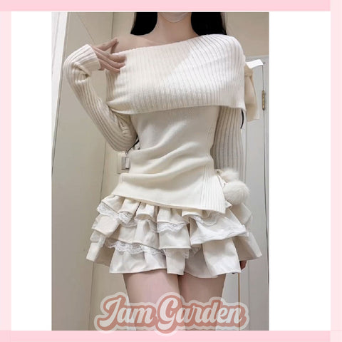 White Lover One Shoulder Bow Sweater Puffy Cake Skirt Suit
