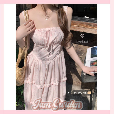Women's summer pink polka dot suspender dress