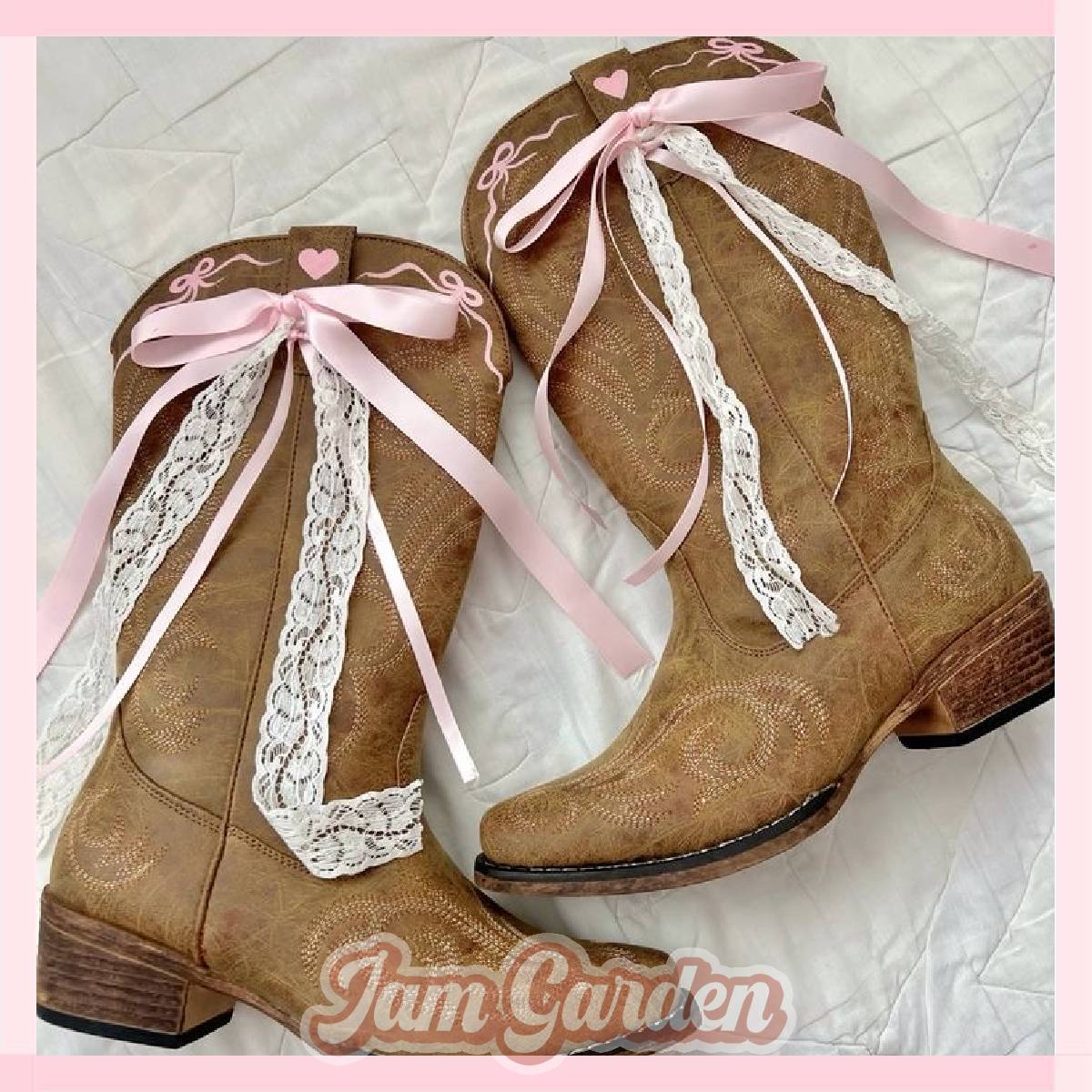 Women's Western Cowboy Boots Embroidered Pink Bow