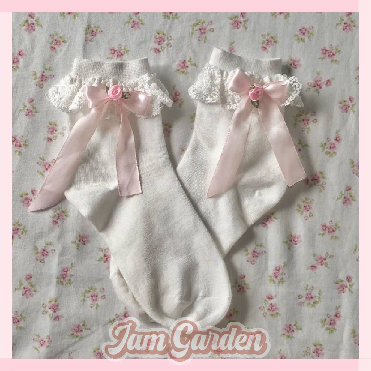 Cute pink lolita lace bow dollette socks