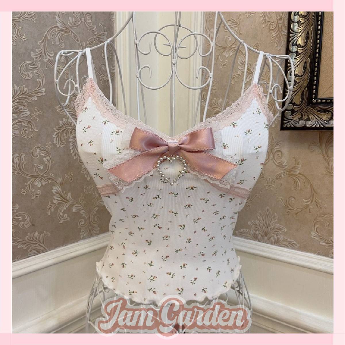 Sweet girl INS floral bow heart lace top