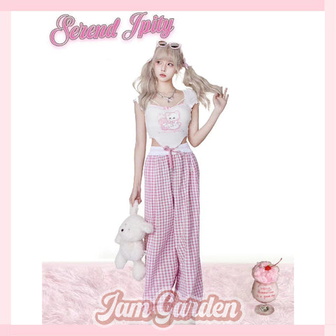 Serendipity Pink plaid sweetheart beige top + pink plaid pants