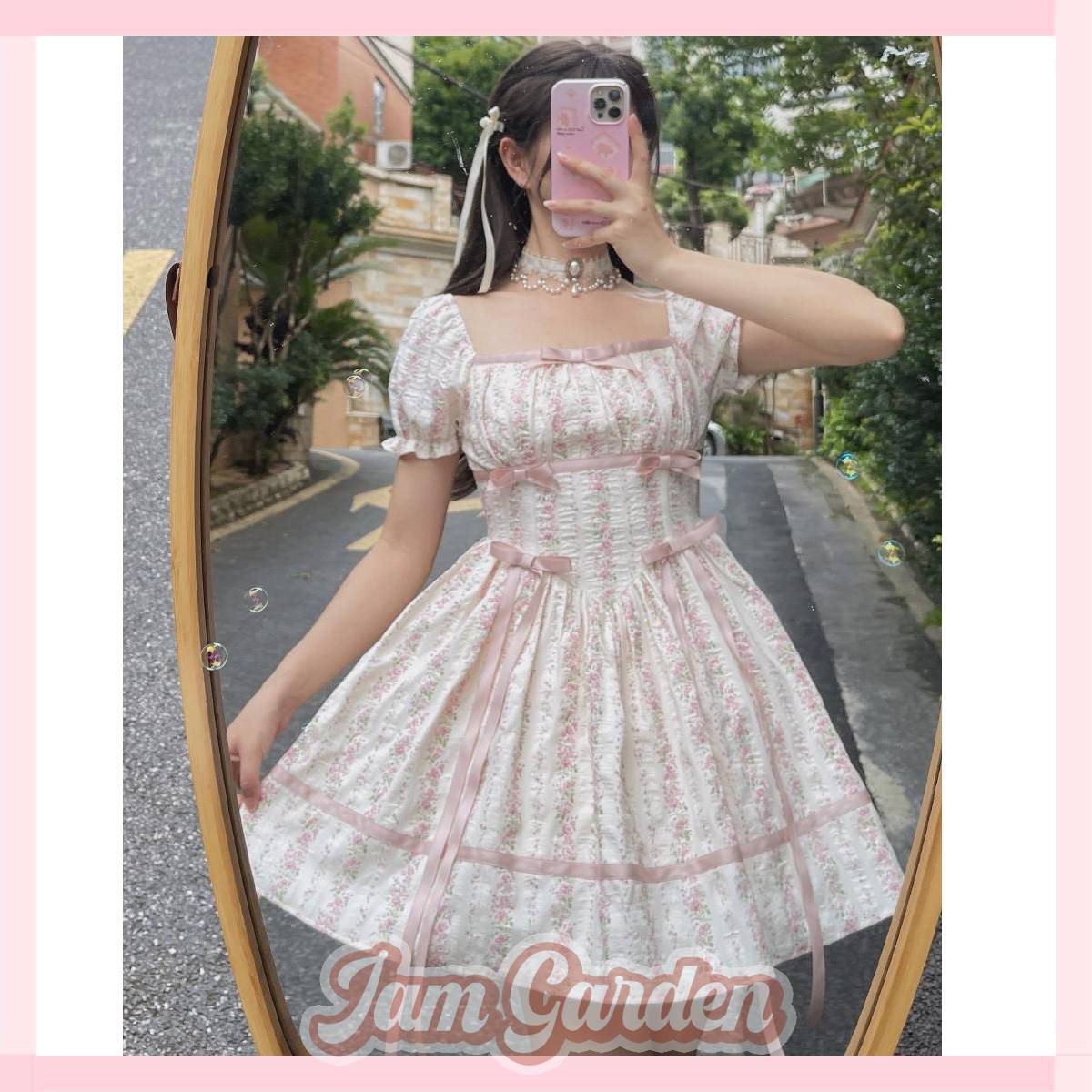 Pink Floral Dress Square Neck Ribbon Bow Princess Dress