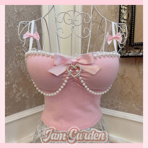 Ballet Style Princess Bow Heart Pearl Chain Lace Top