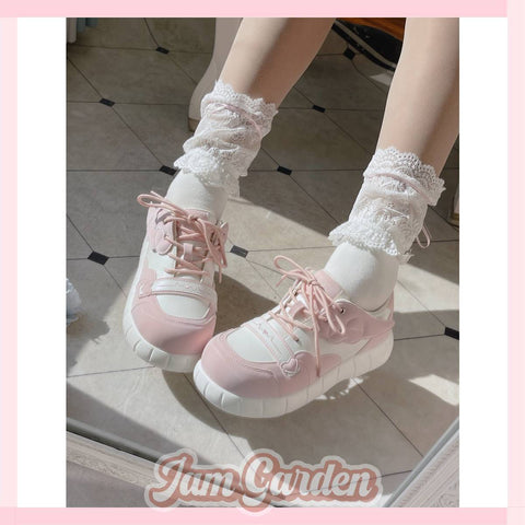Original sweet color block round toe bow wing sneakers