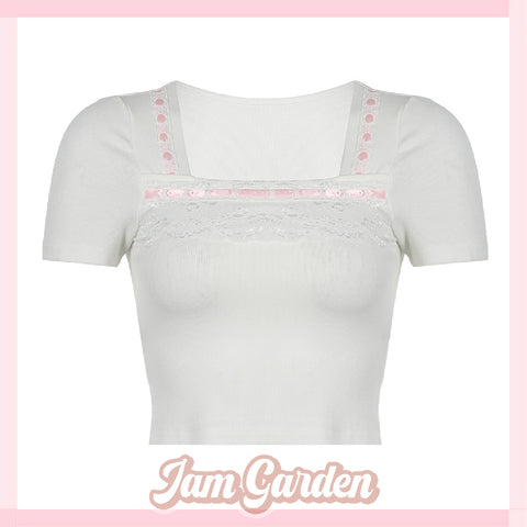 French girly lace stitching square neck short-sleeved T-shirt