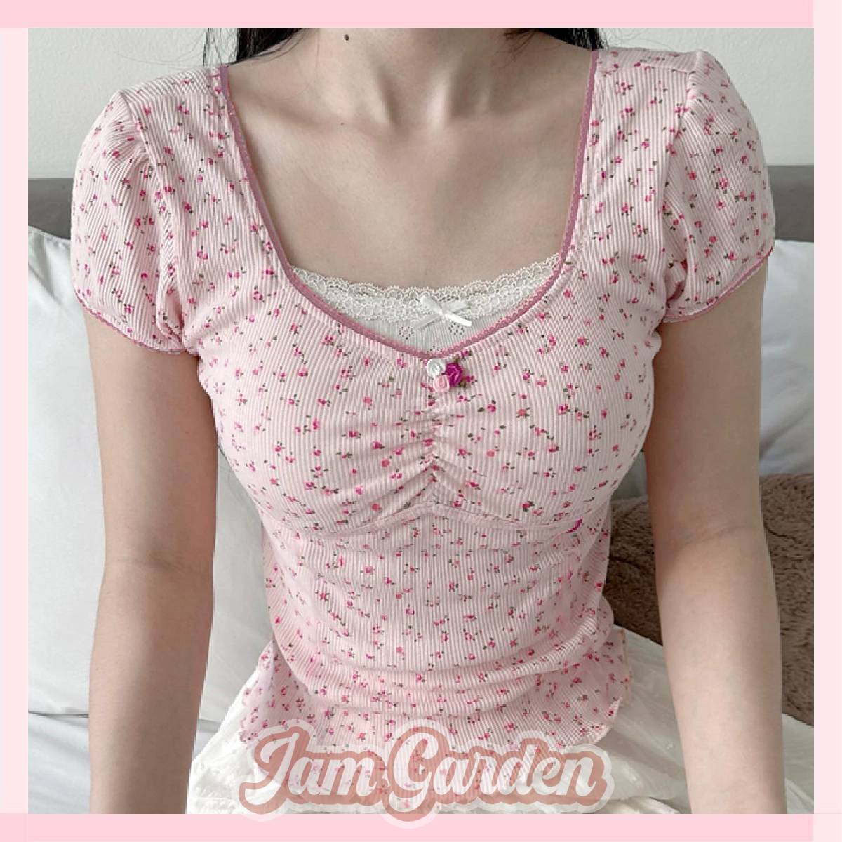 Vintage Tang Pastoral girl floral lace short-sleeved T-shirt