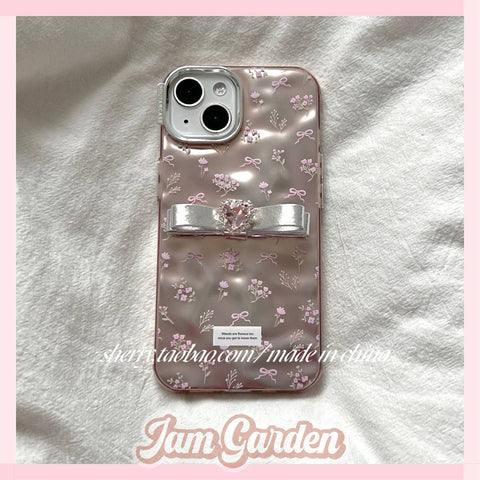 Pink gold small floral rhinestone bow phone case