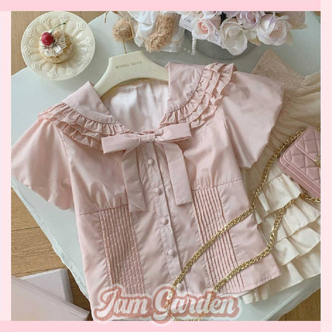 White Peach Puff Sleeve Shirt Sweet Butterfly Suit