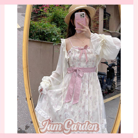 Pink fairy floral mesh splicing suspender skirt girl dress