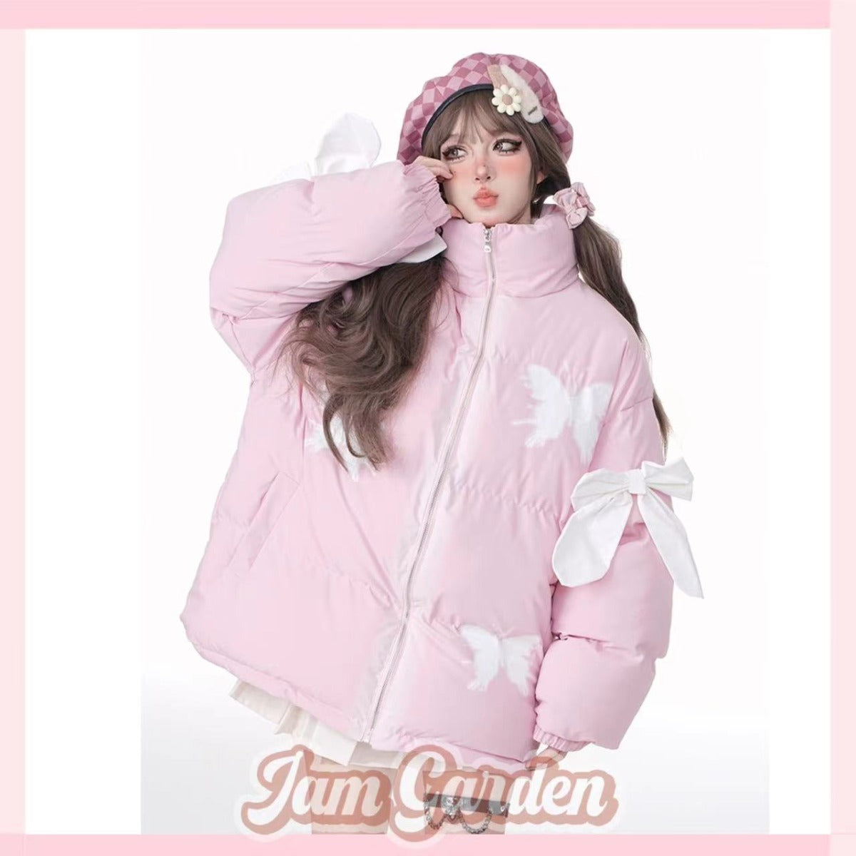 Bow-tie Sweet Niche Cotton Jacket For Women Autumn And Winter Pink Warm Top