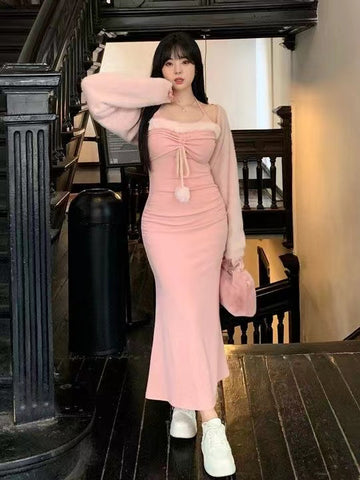 Sweet And Gentle Pink Long-Sleeved Hip-Covering Two-Piece Dress