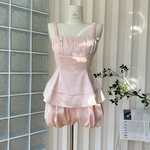 Pink Waist Camisole Shirt Top Summer Temperament Ladies Suit Shorts Three-piece Set - Jam Garden