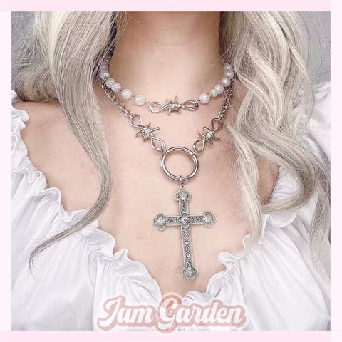 Pearl Cross Pendant Necklace Hip Hop Sweet Cool Metal Multilayer Clavicle Chain Accessories - Jam Garden