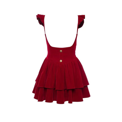 Red New Year Velvet Dress Hollow Heart Two-piece Set