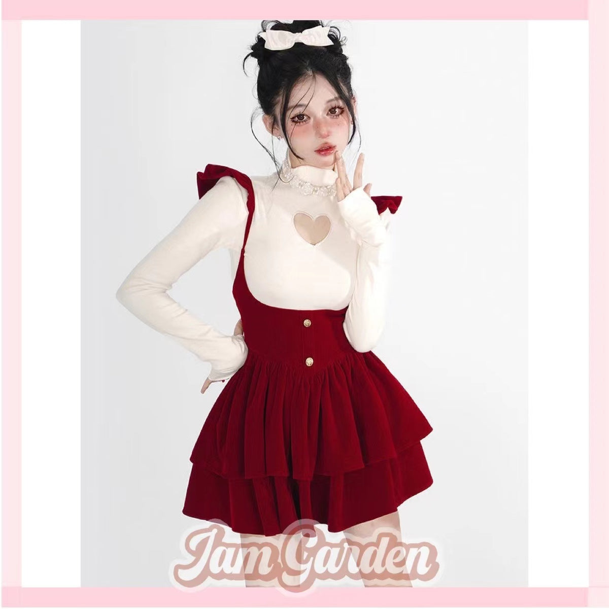 Red New Year Velvet Dress Hollow Heart Two-piece Set