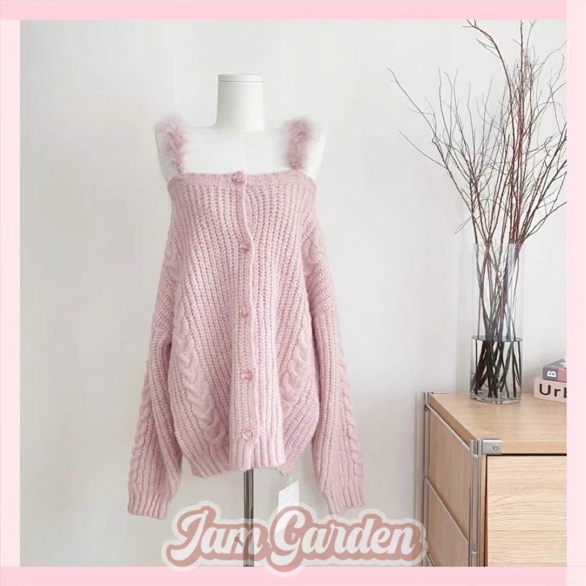 Detachable Plush Knitted Cardigan New Pink Sweater Jacket