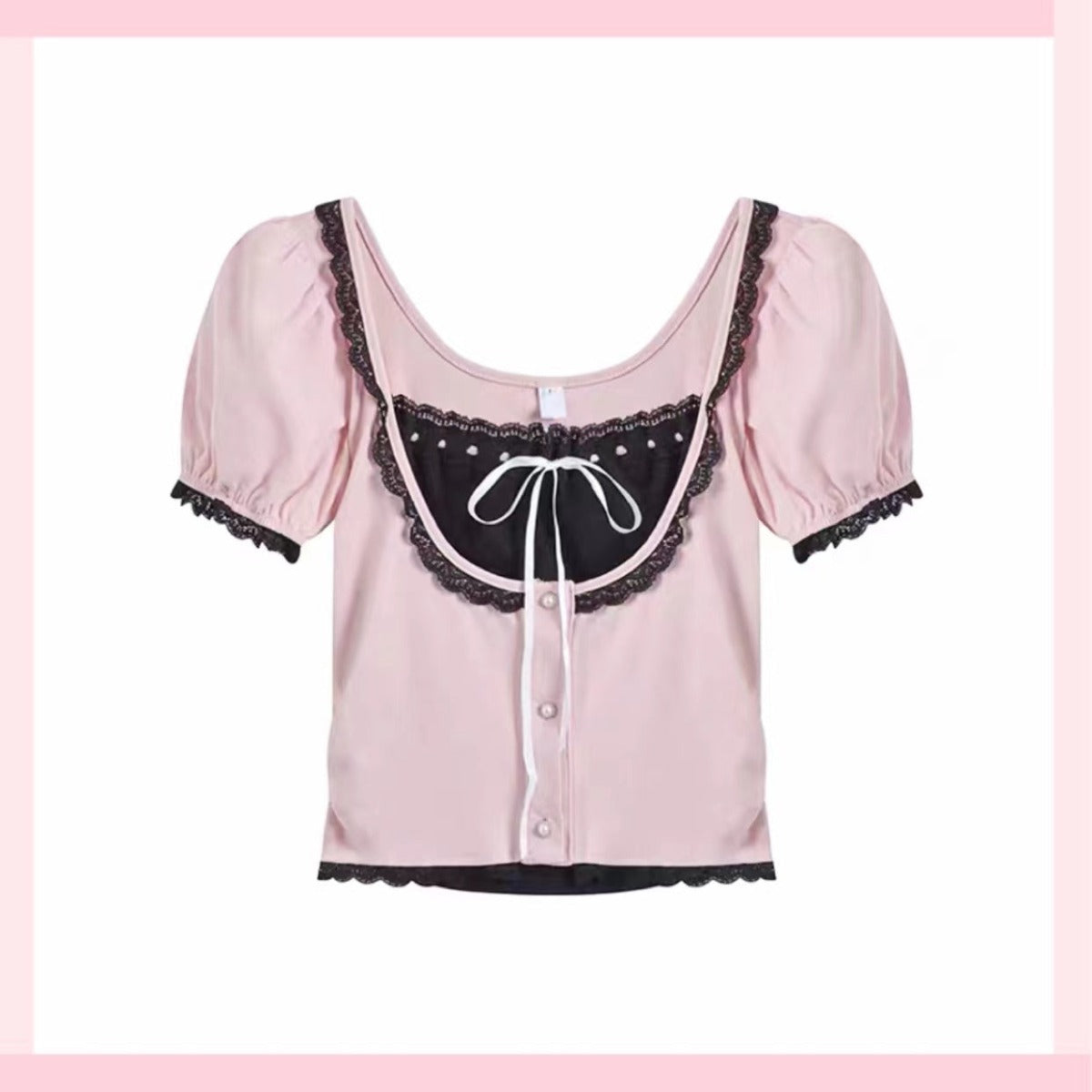 Design Sense Fake Two-Piece Square Collar Short-Sleeved Shirt Summer Hot Girl Slim Short Lace Top - Jam Garden
