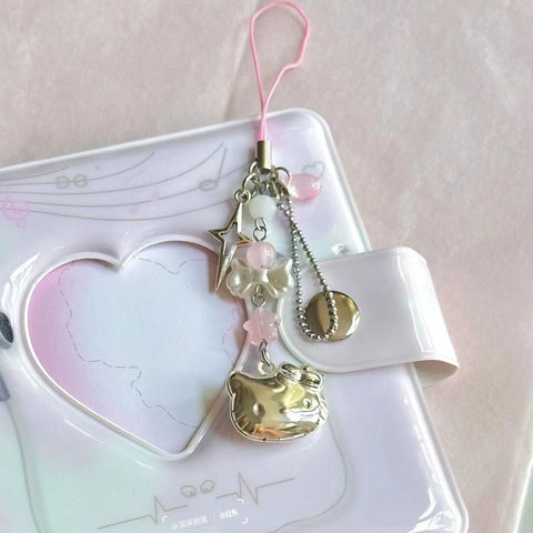 Girly Heart KT Cat Pendant Mobile Phone Case Accessories Beaded Handmade Chain