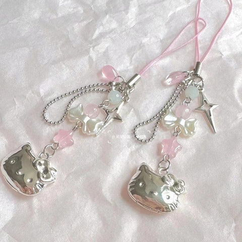 Girly Heart KT Cat Pendant Mobile Phone Case Accessories Beaded Handmade Chain