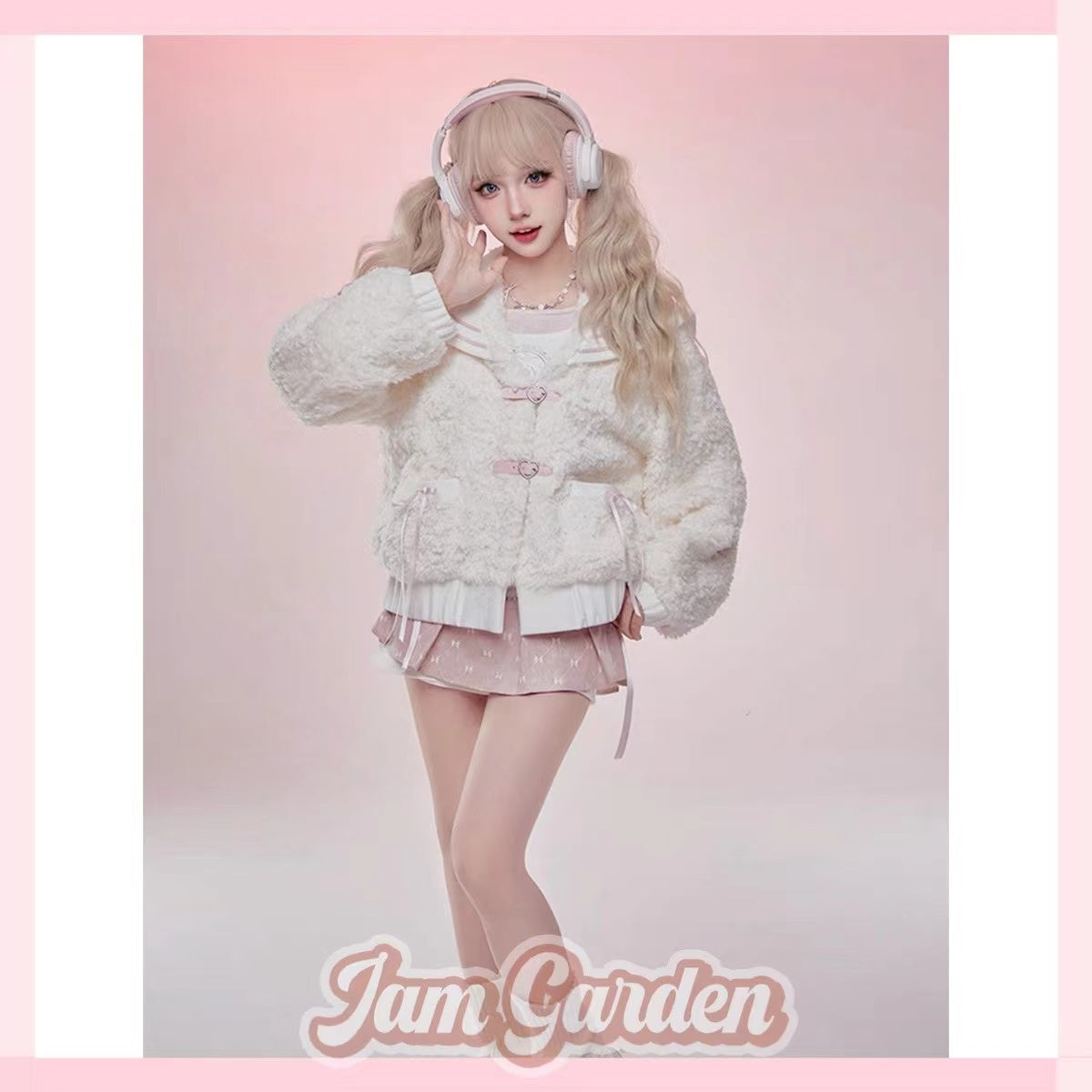 Girly Coconut White Plush Jacket + Top + Pink Skirt