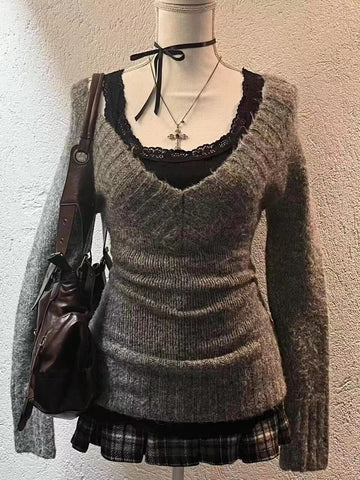 Vintage autumn and winter sweater series V-neck hot girl retro slim fit