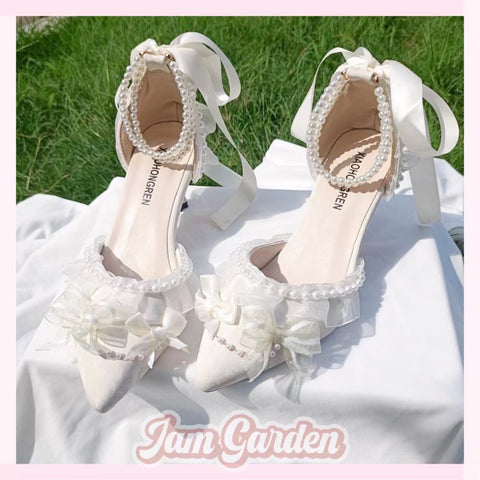 Wedding High-Heeled Shoes Thick-Heeled Bow Lolita Shoes Sandals Beige Gentle French Style - Jam Garden