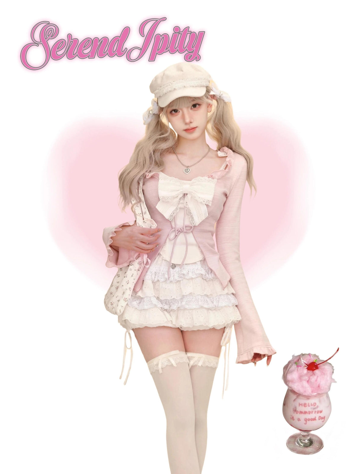 Sakura Girl Autumn New Style Suit Suspenders + White Cake Skirt + Pink Slim Cardigan