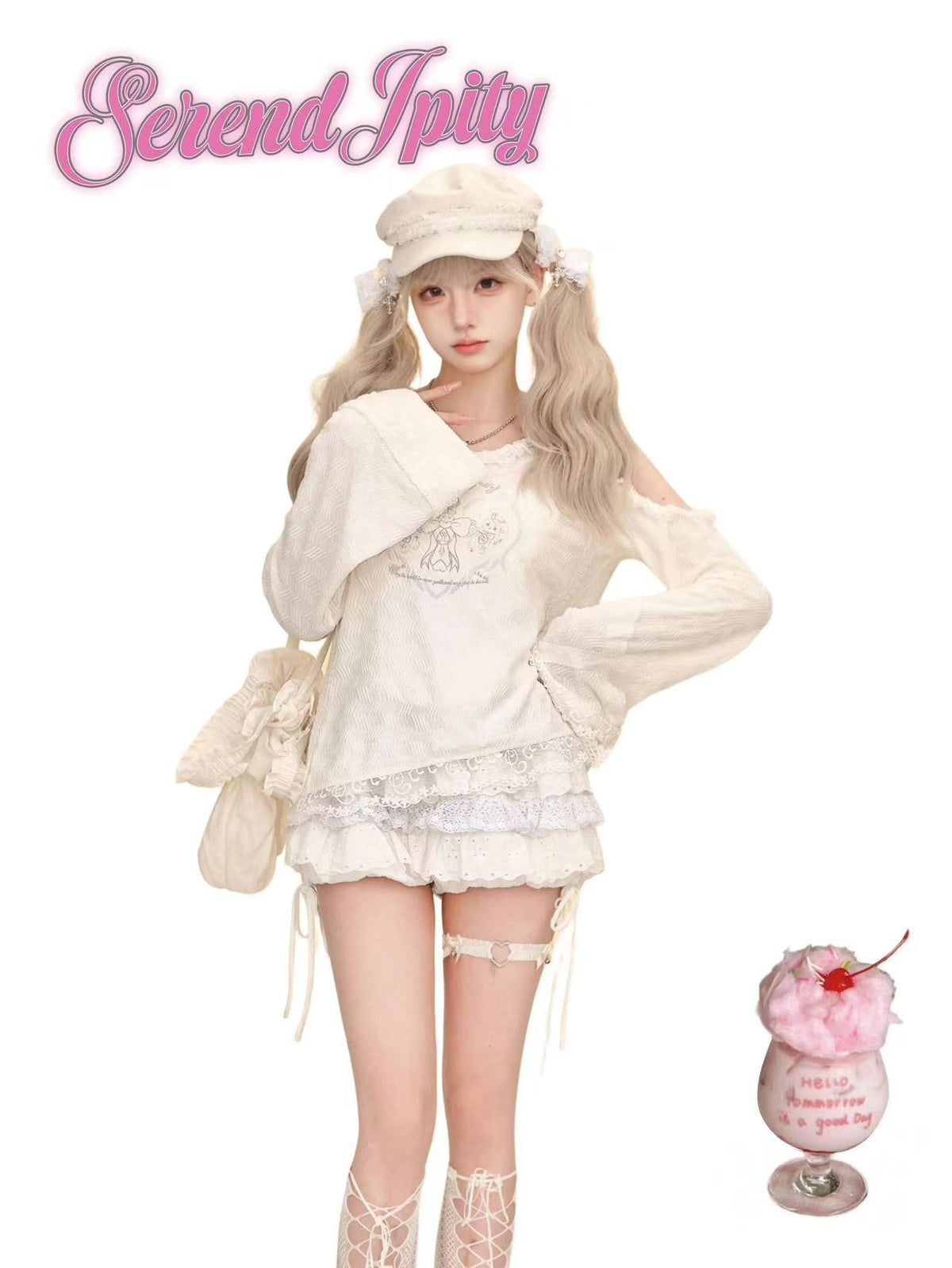 Angel Island Autumn Loose Hooded White Lace Sweater Top + White Cake Pants Skirt